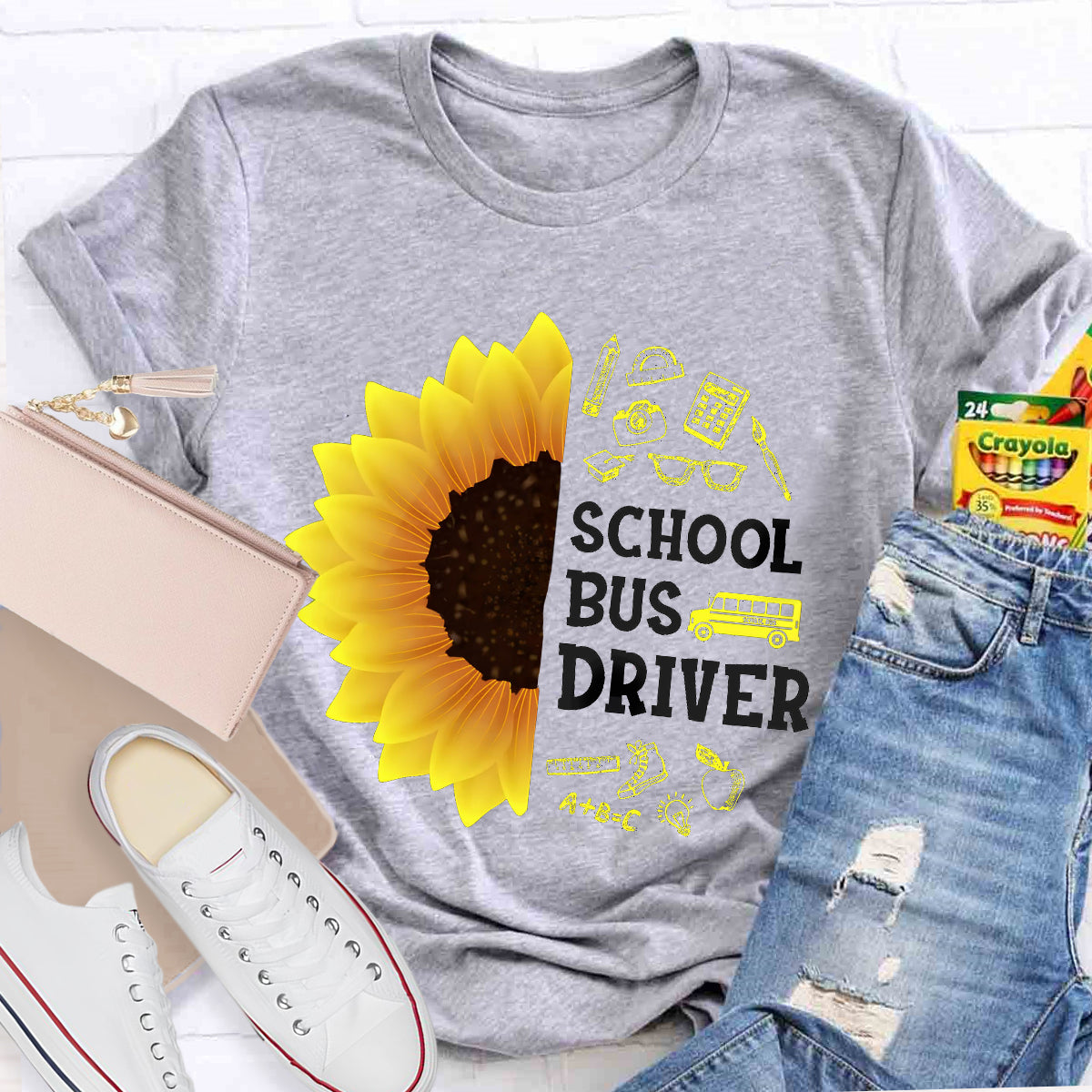 School Bus Driver Sunflower Teacher T-Shirt