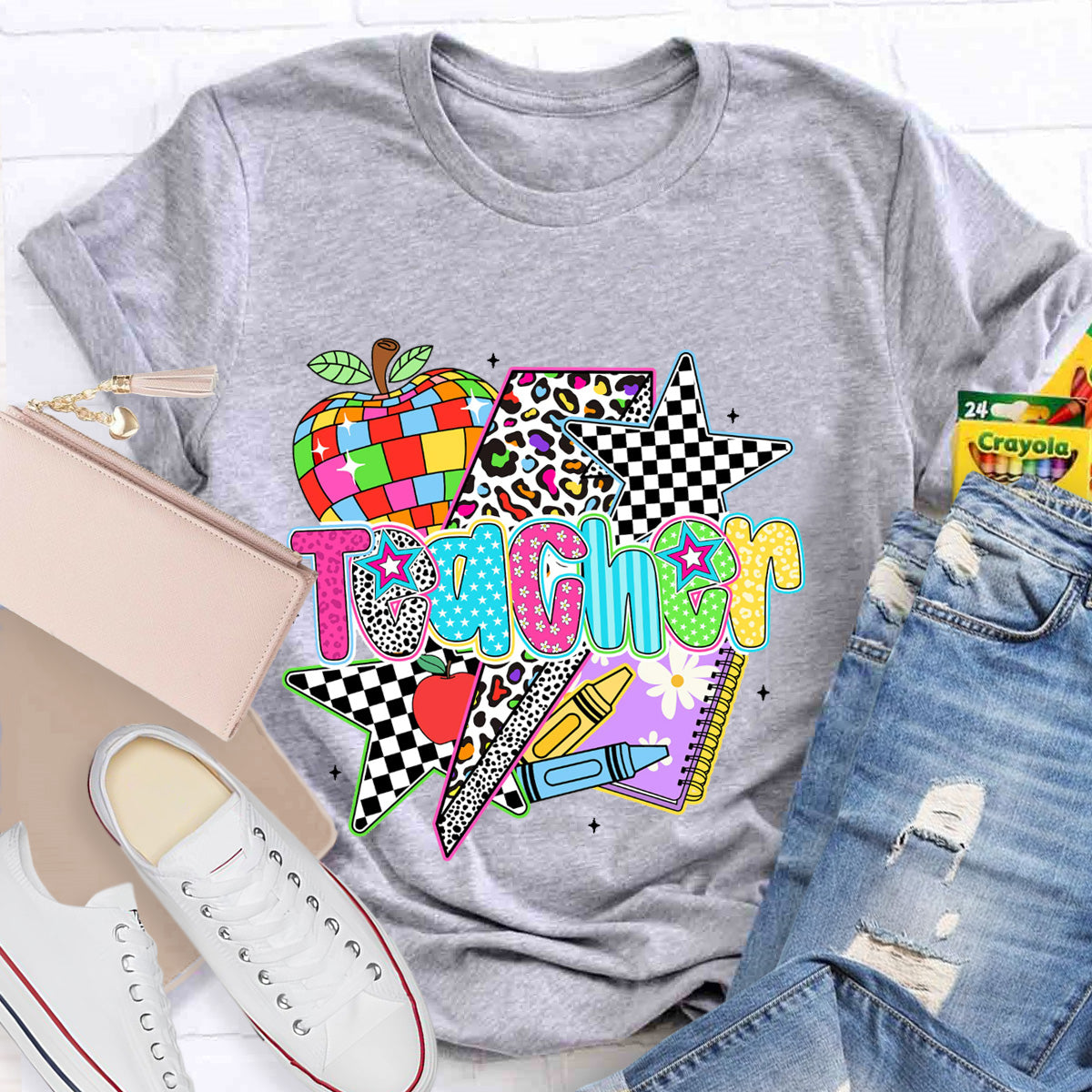 Colorful Leopard Apple Teacher  Back To School T-Shirt