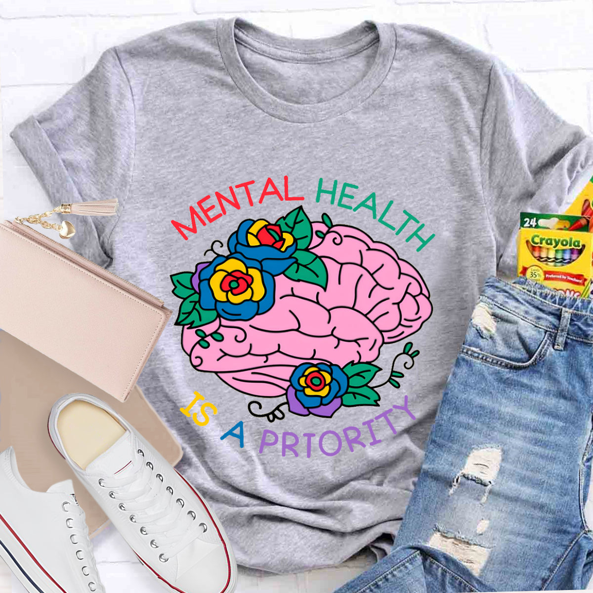Mental Heath Is A Priority Floral Brain T-Shirt