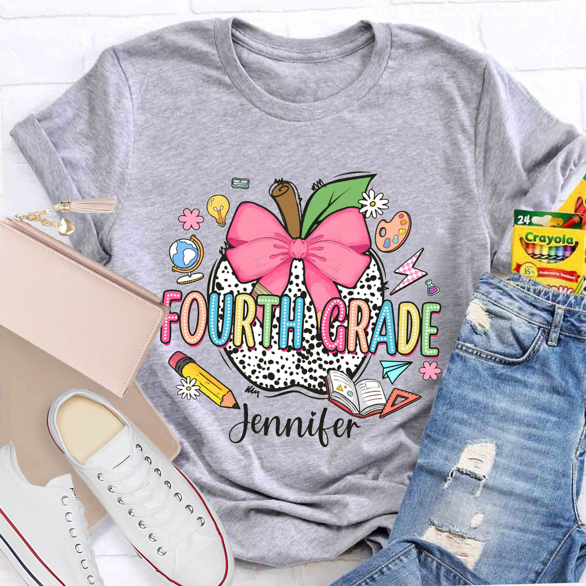 Personalized Teacher Name And Grade leopard print Apple T-Shirt
