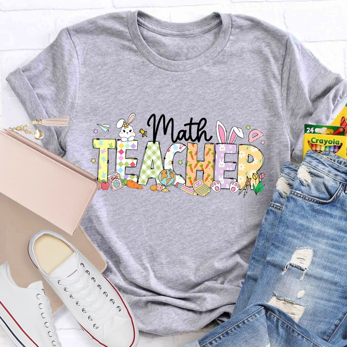 Happy Easter Math Teacher Pink Rabbits Teacher T-Shirt