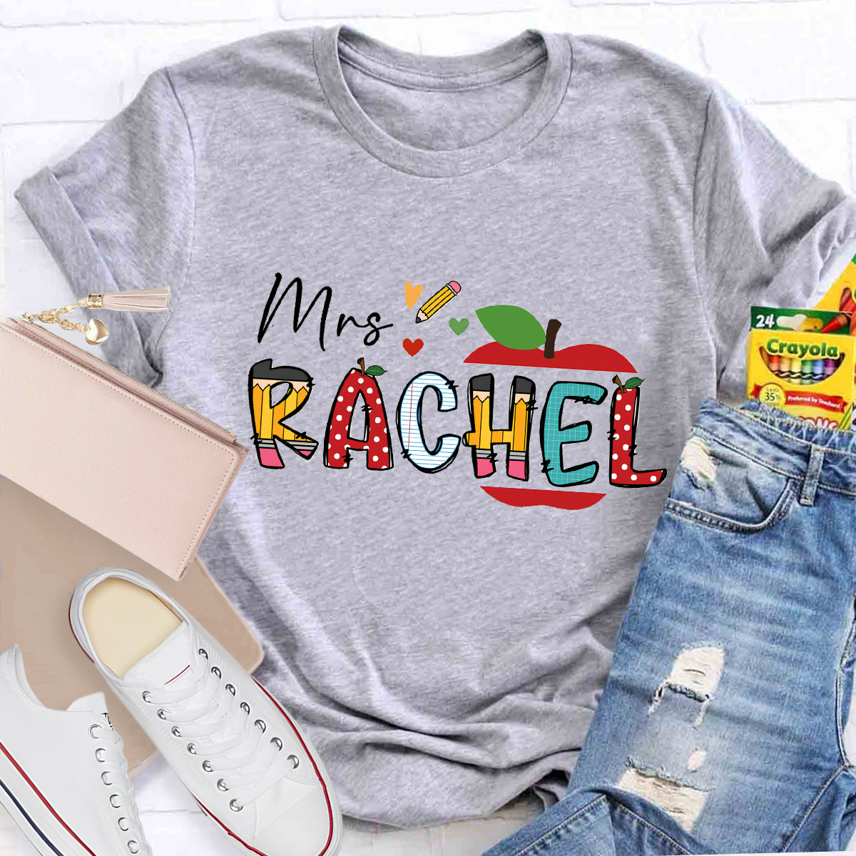 Personalized Teacher Name Apple Pencil Printed T-Shirt