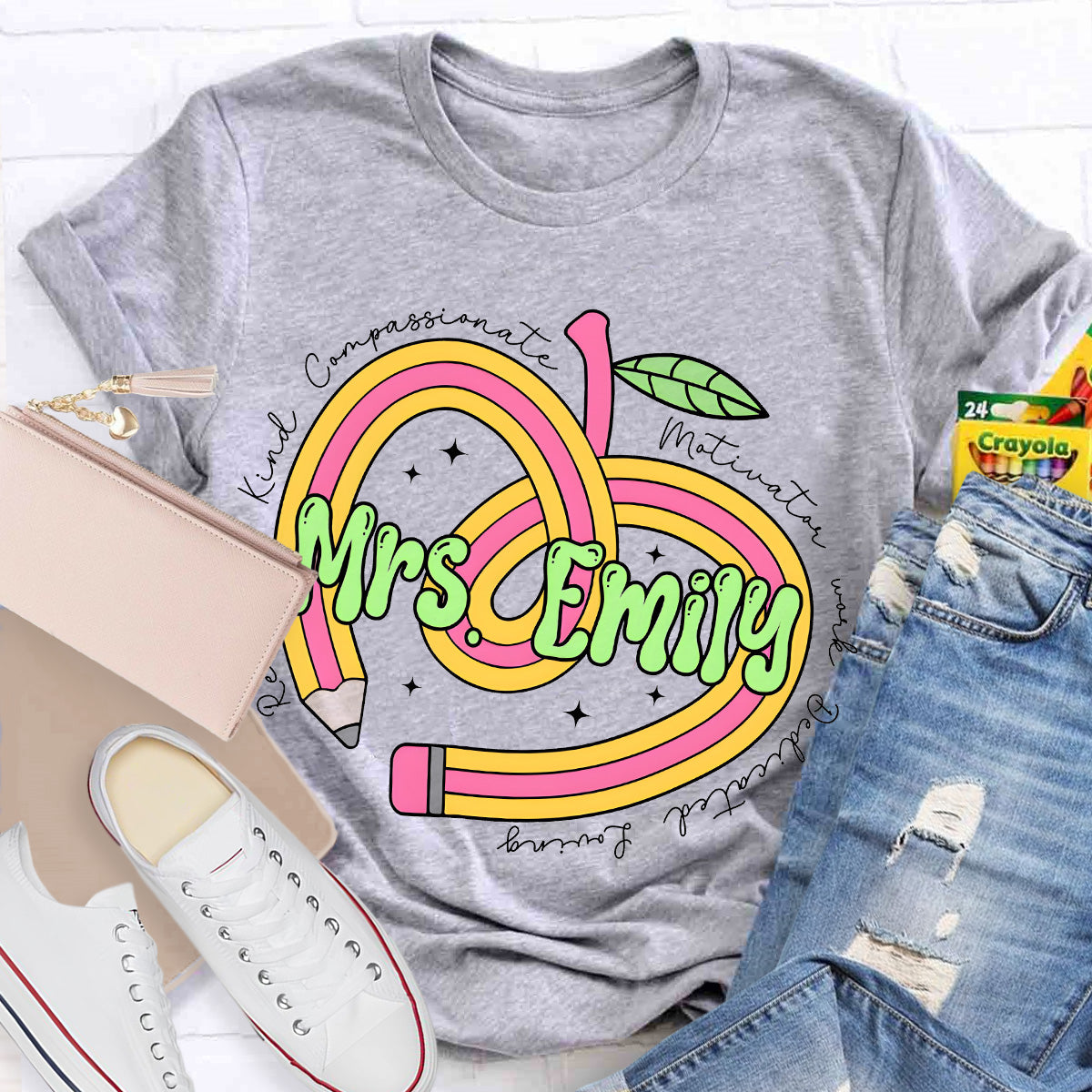 Personalize Name Reliable Kind Compassionate Pink Apple Teacher T-Shirt
