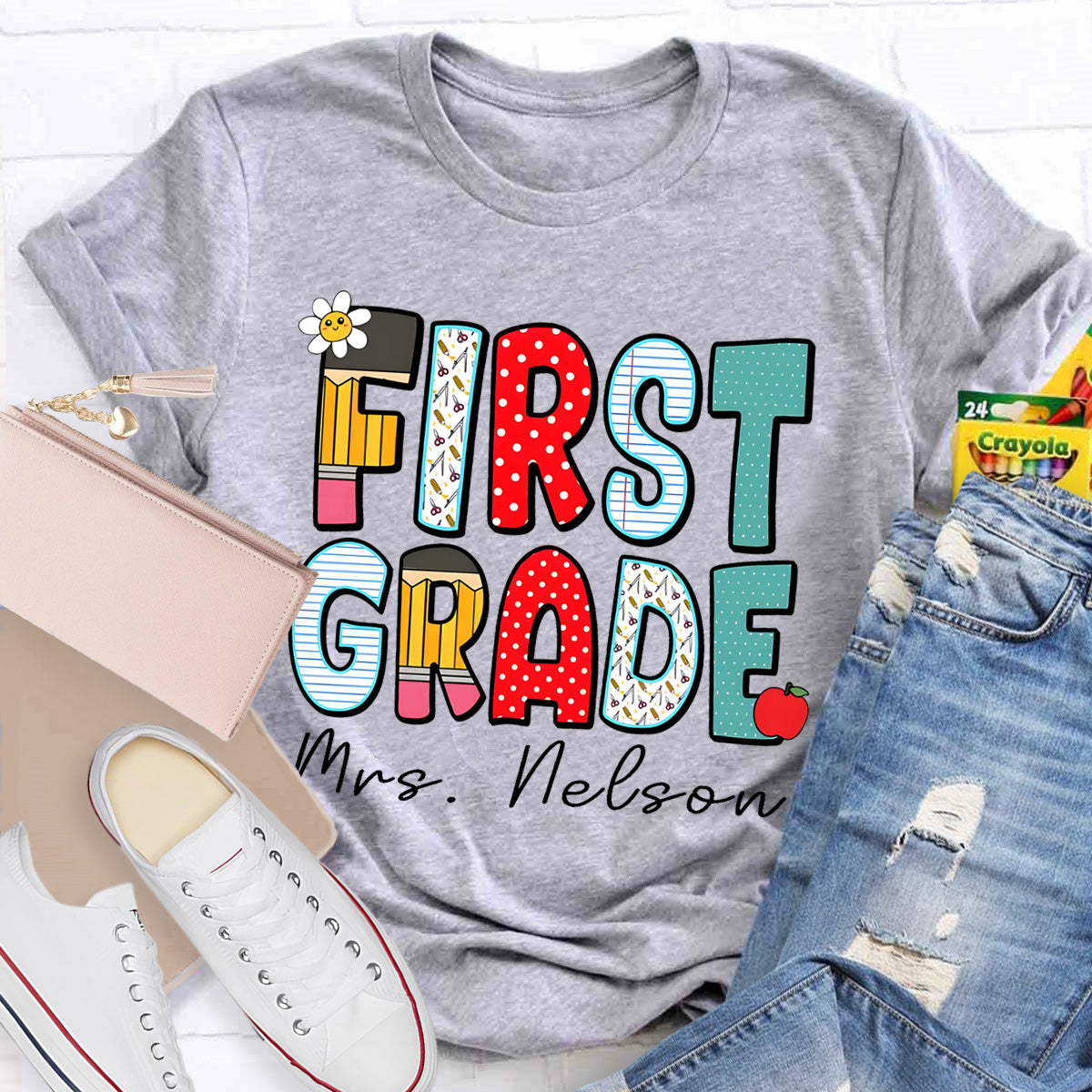 Personalized Grade And Name Back To School Dot Printed Teacher T-Shirt