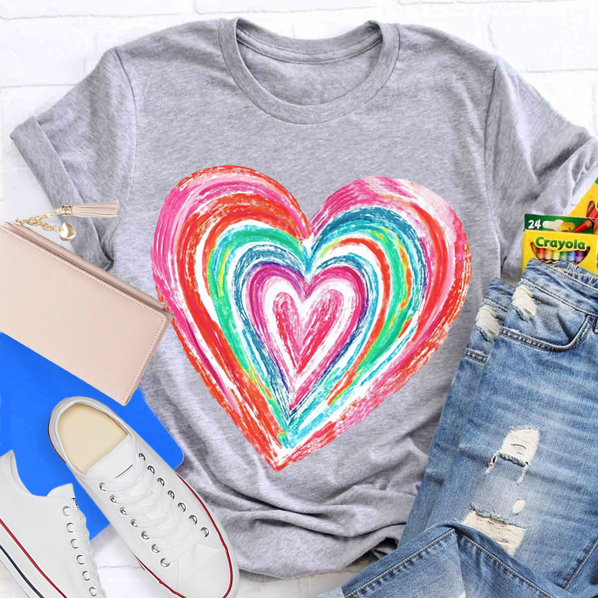 Valentines Colorful Rainbow Heart Teacher T-Shirt