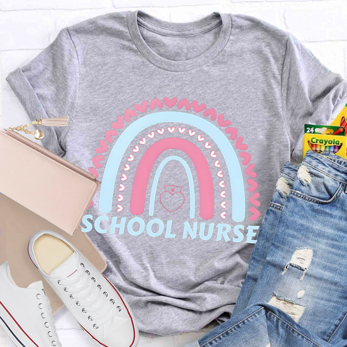 School Nurse Rainbow Pink Heart T-Shirt