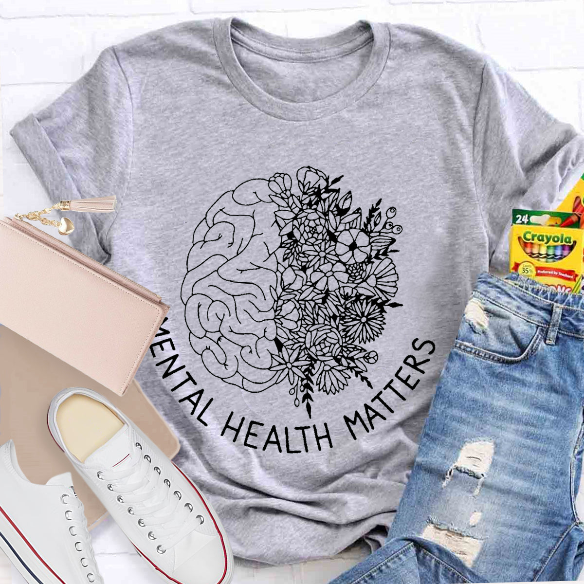 Floral Brain Mental Health Matters Teacher T-Shirt
