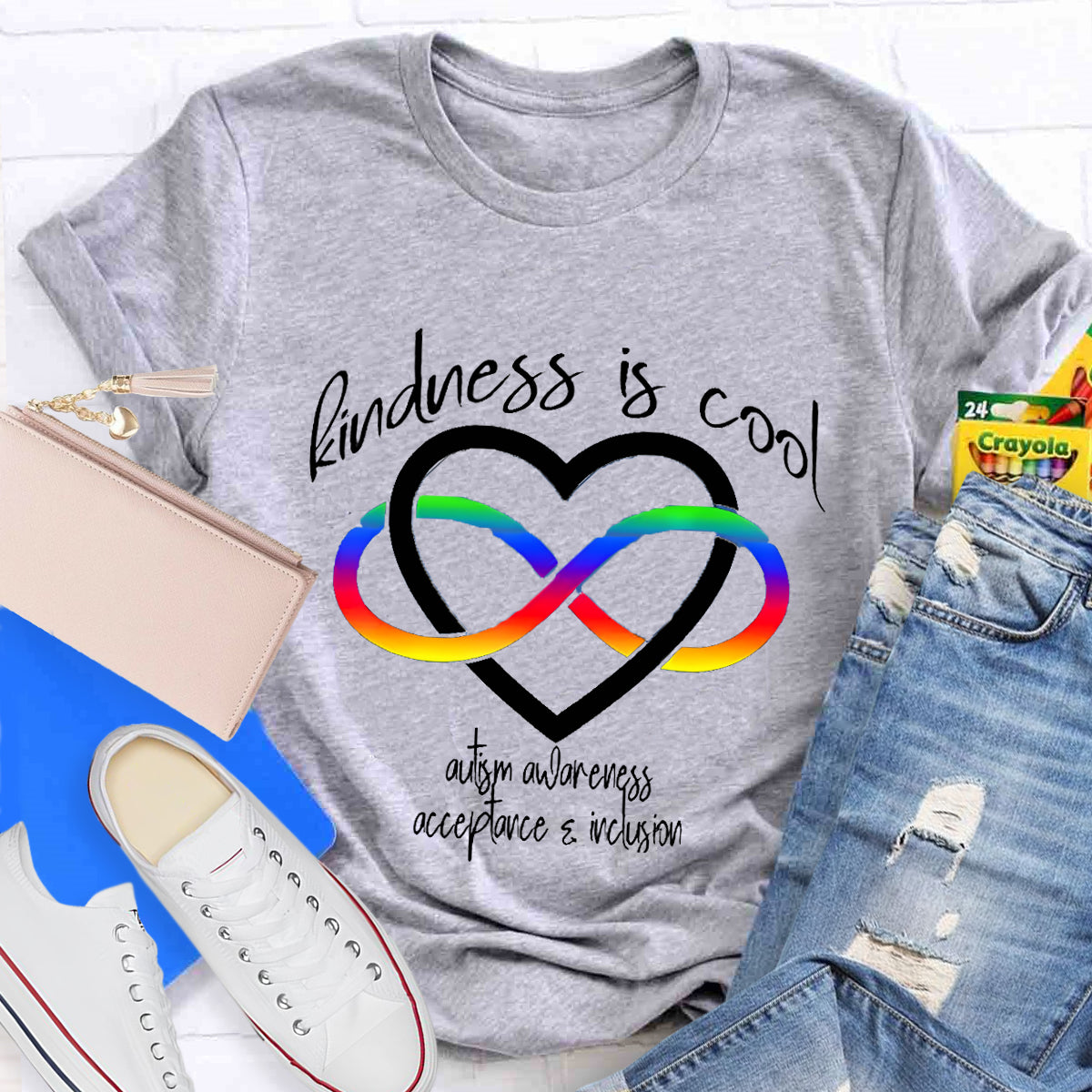 Kindness is Cool Autism Infinity Heart Rainbow T-Shirt