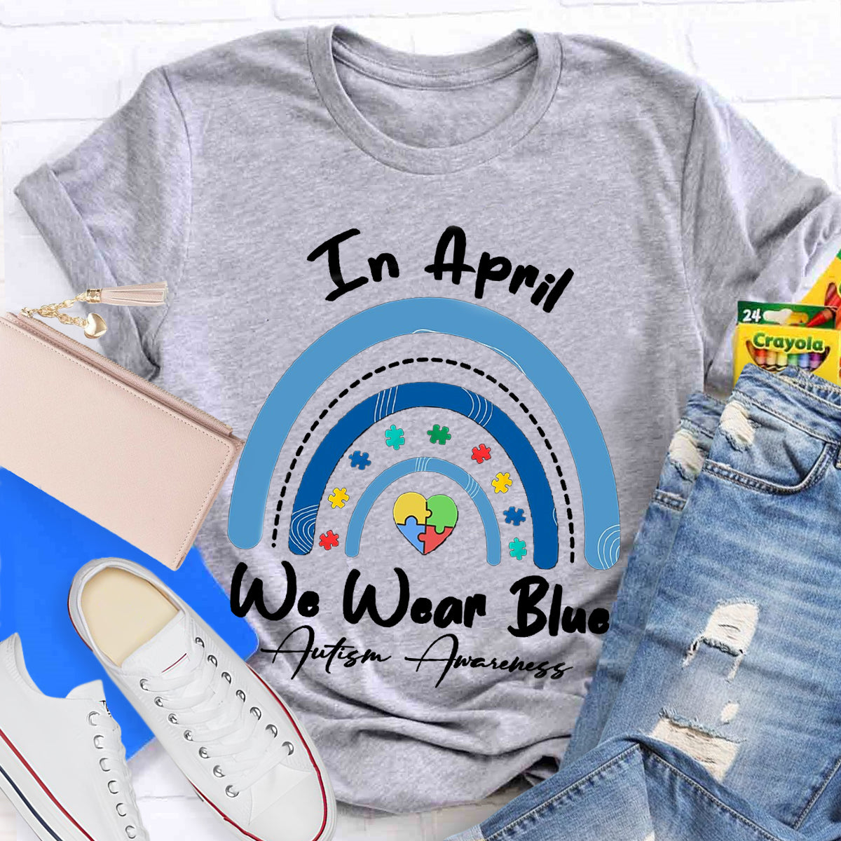 In April We Wear Blue Rainbow Teacher T-Shirt