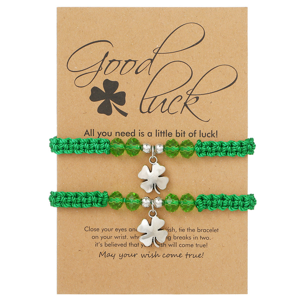 Lucky Four-Leaf Clover Bracelet With Green Braided Rope