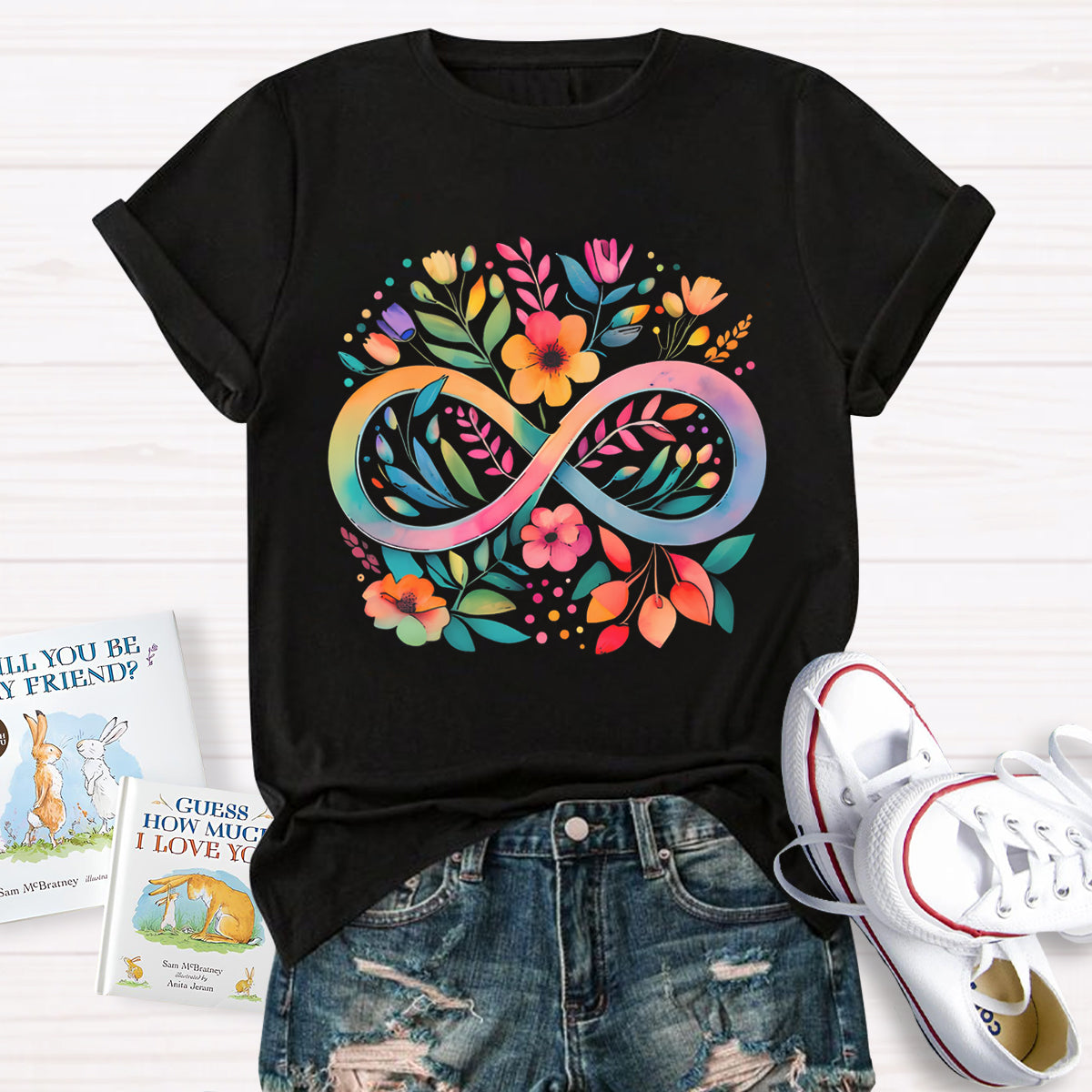 Rainbow Infinity Watercolor Flowers Teacher T-Shirt