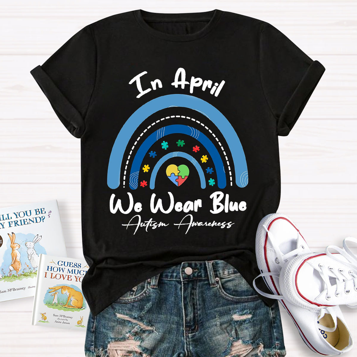In April We Wear Blue Rainbow Teacher T-Shirt