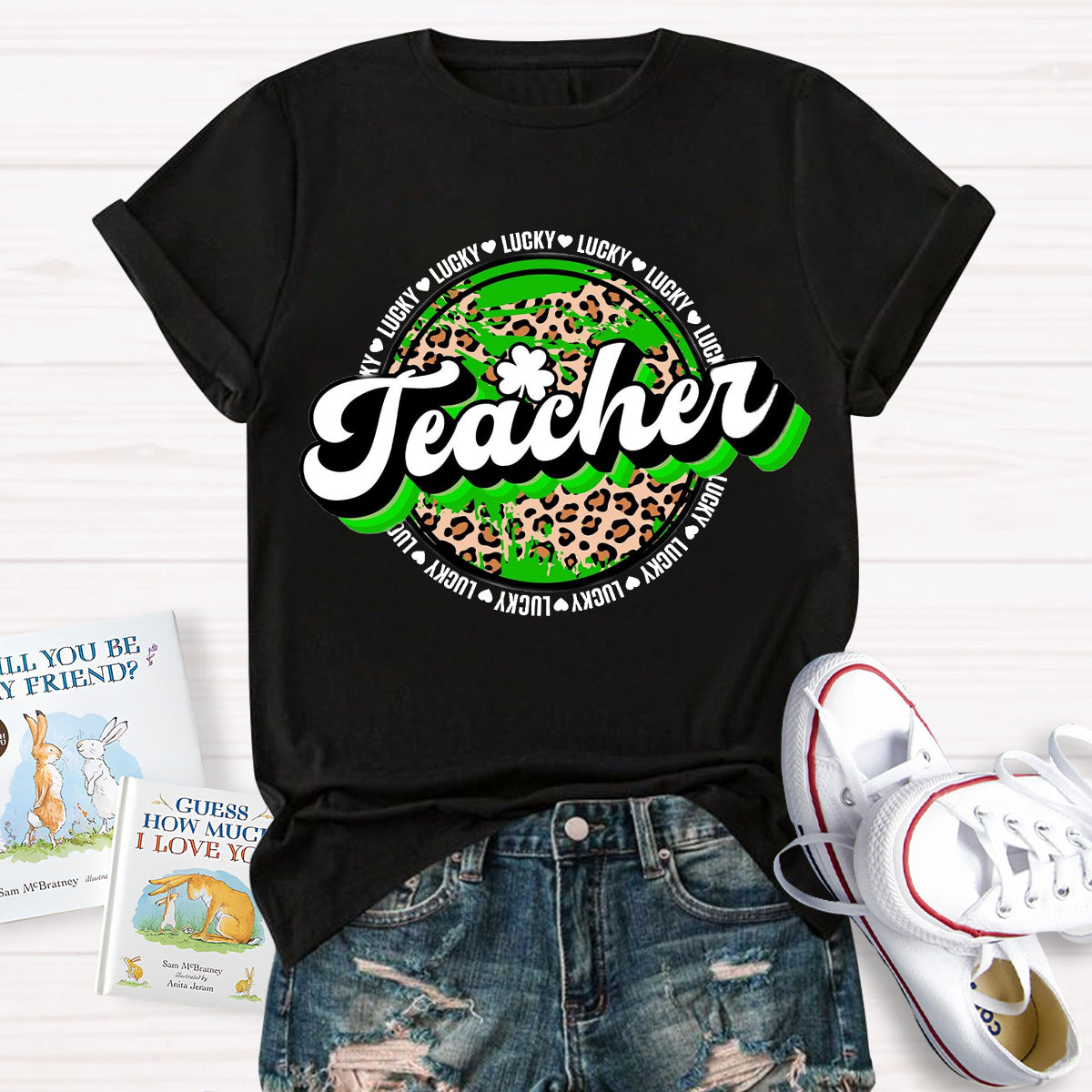 St. Patrick's Day Lucky Leopard Shamrock Teacher T-Shirt