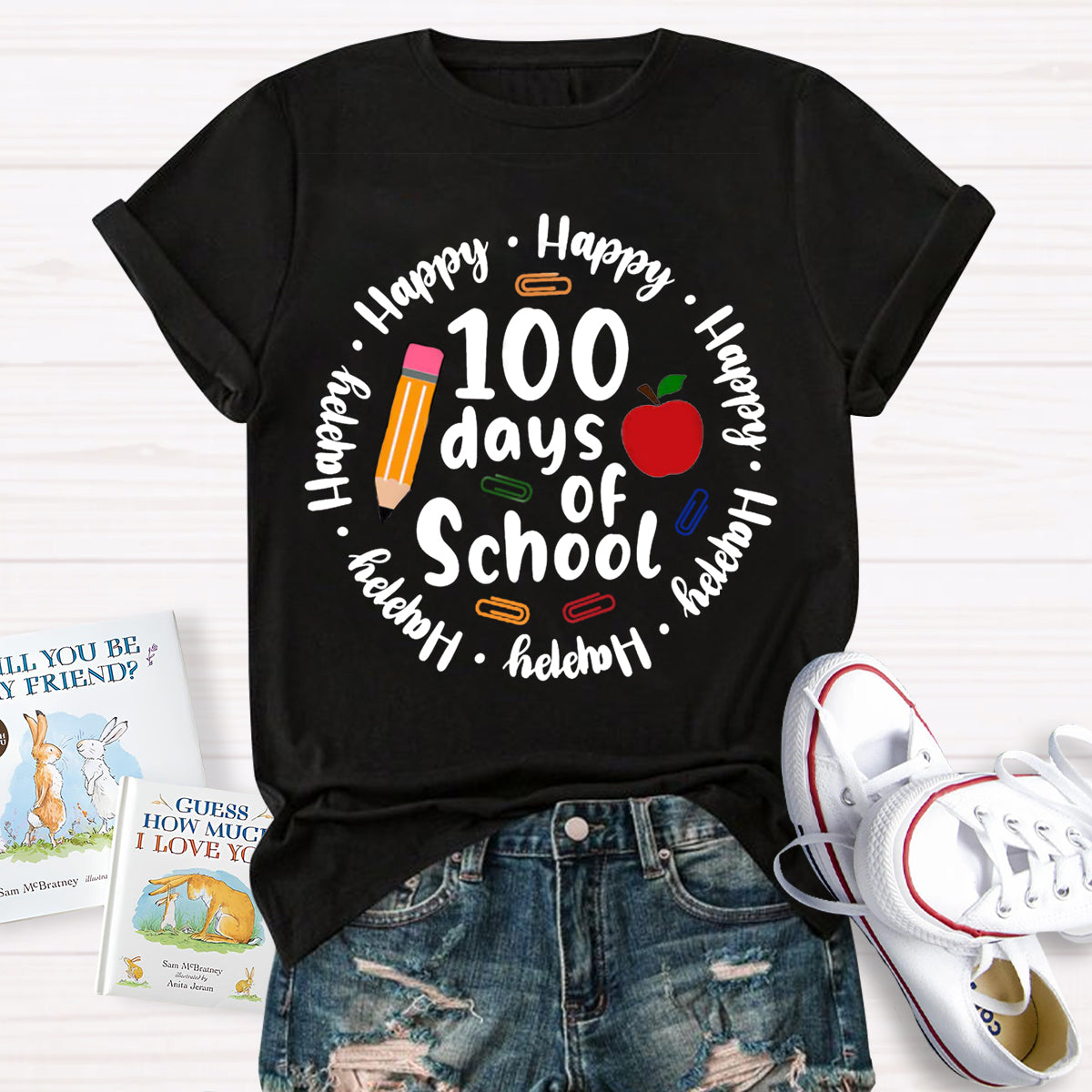 Happy 100 Days Of School Apple Pencil Teacher T-Shirt
