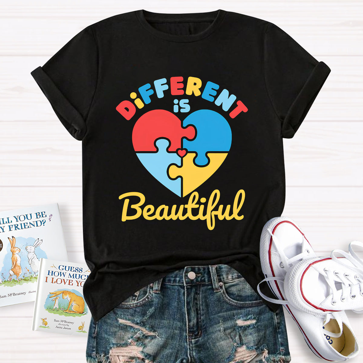 Different Is Beautiful Colorful Heart Teacher T-Shirt