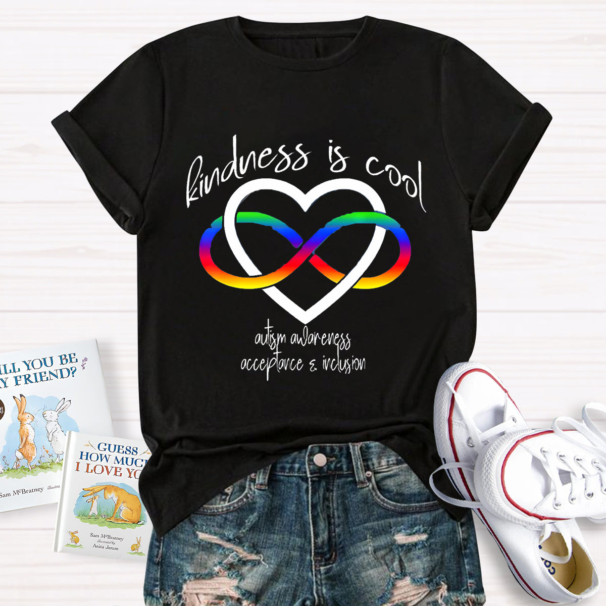 Kindness is Cool Autism Infinity Heart Rainbow T-Shirt