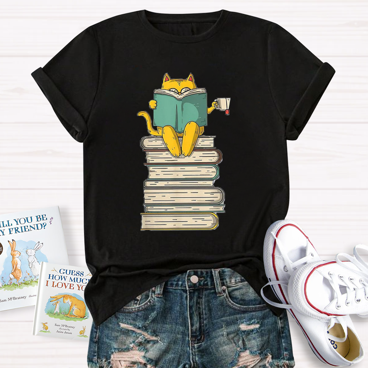 Reading Cat Funny Book & Tea Lover T-Shirt