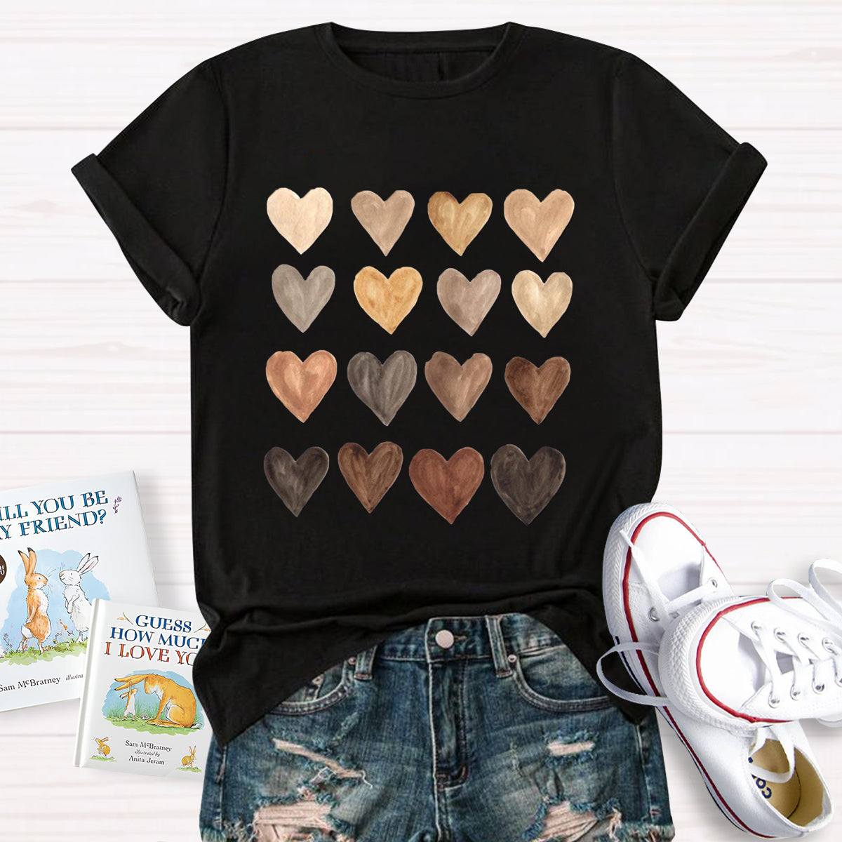 Skin Tone Kindness Watercolor Hearts T-Shirt