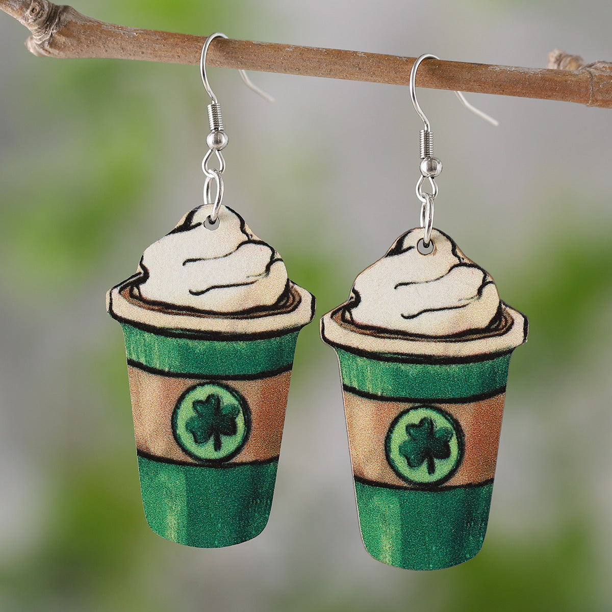 Four-Leaf Clover Tassel Ice Cream Coffee Cup Earrings
