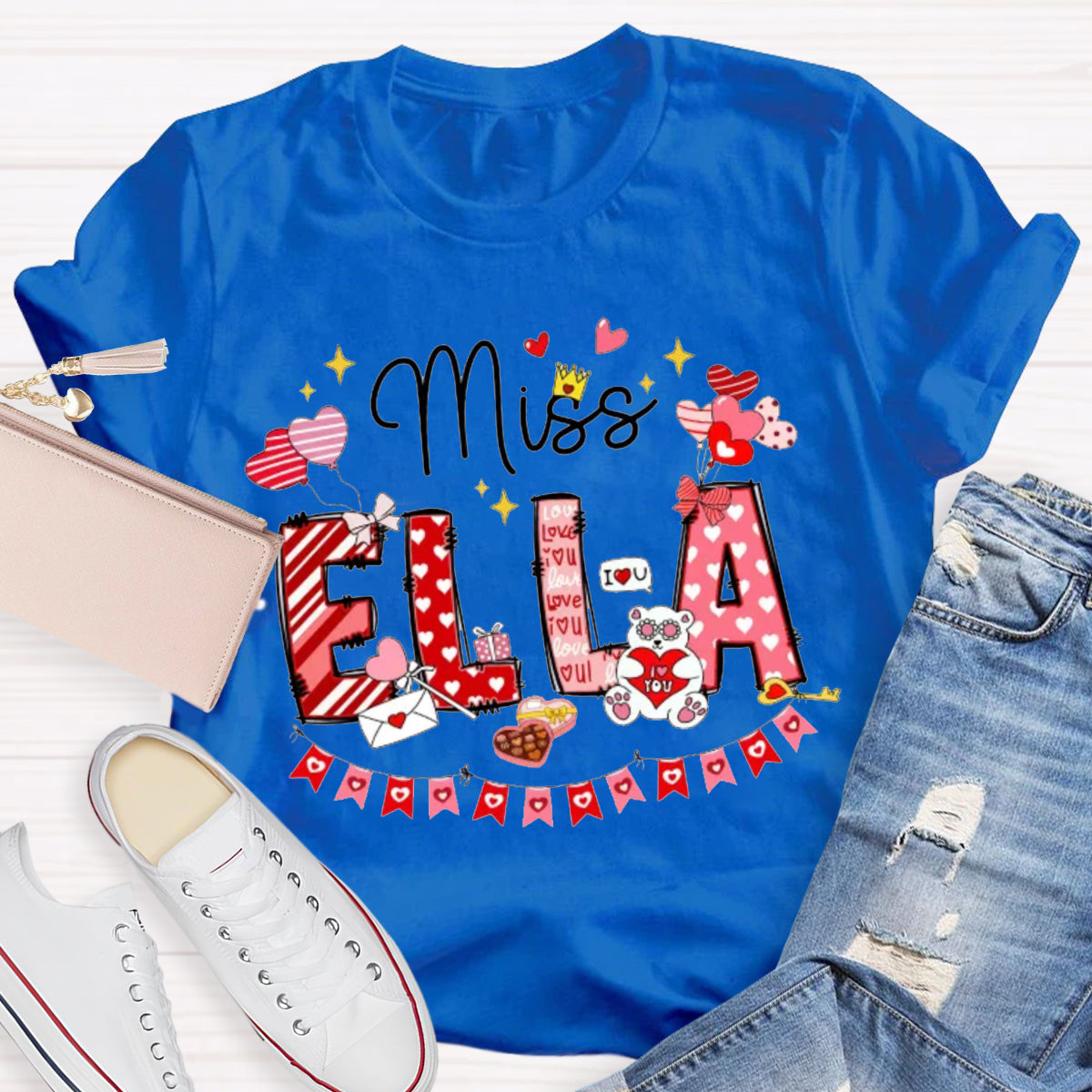 Personalized Name Valentine's Day Miss Ella Teacher T-Shirt