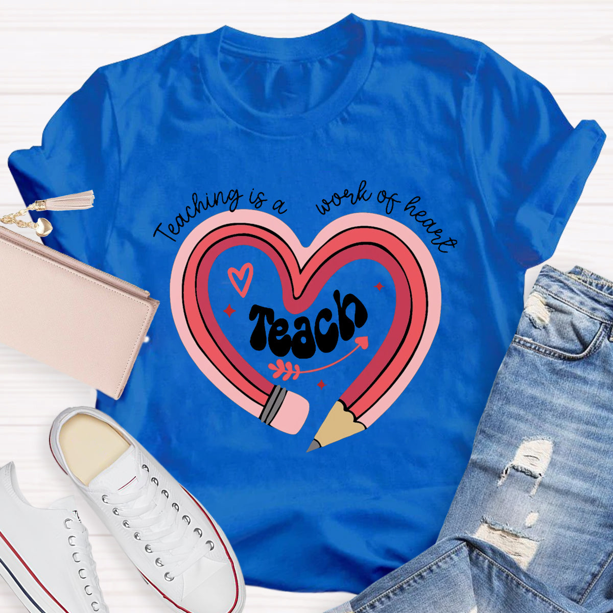 Teaching Is A Work Of Heart Pencil Teacher T-Shirt