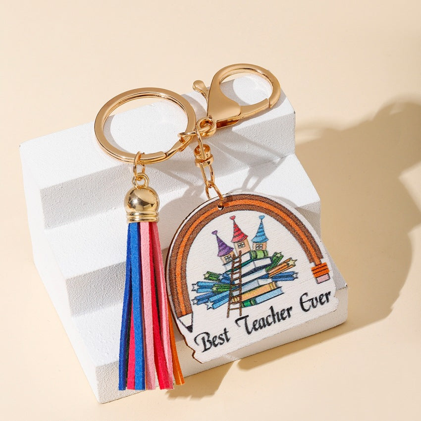 Pencil Heart Rainbow Wooden Tassel Keychain