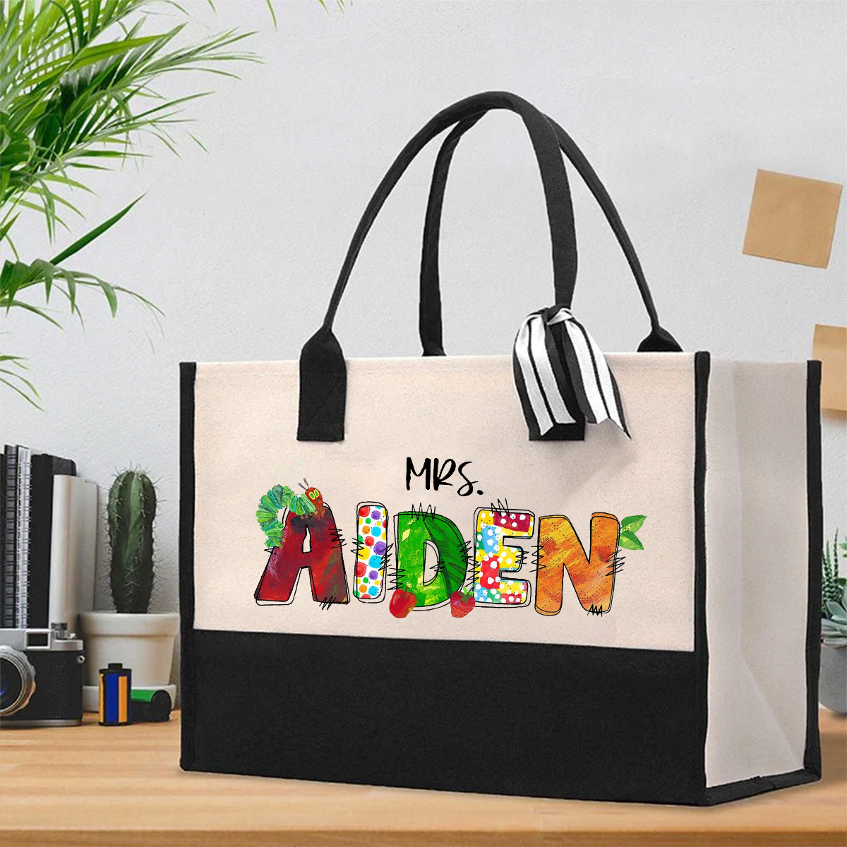 Personalized Name Caterpillar Apple Teacher Cotton Tote Bag
