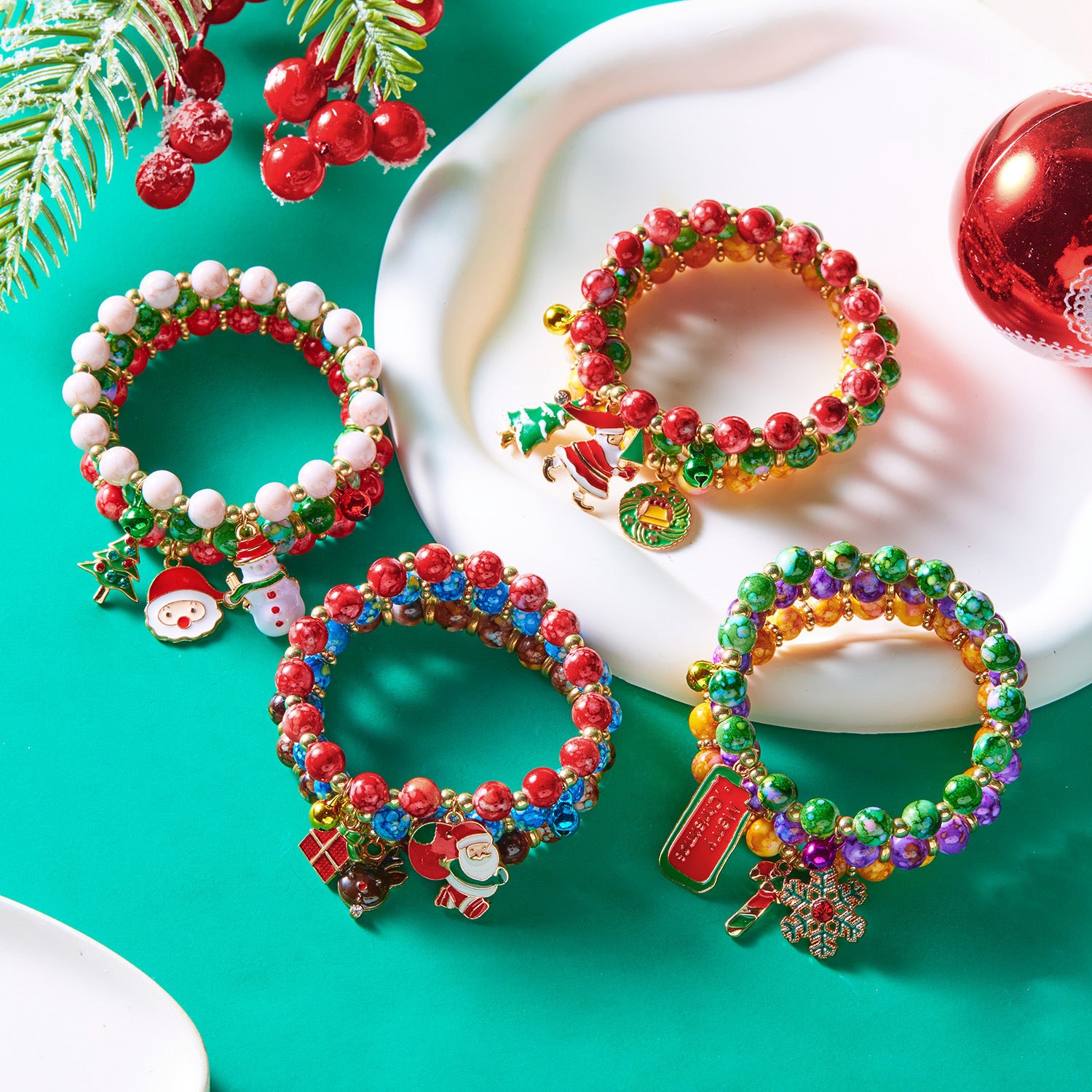 Christmas Tree Santa Snowman Bracelet Set