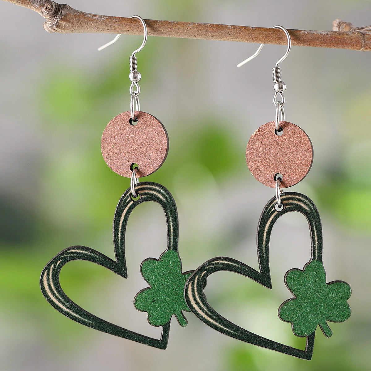 Checkered Heart-Shaped Four-Leaf Clover Earrings