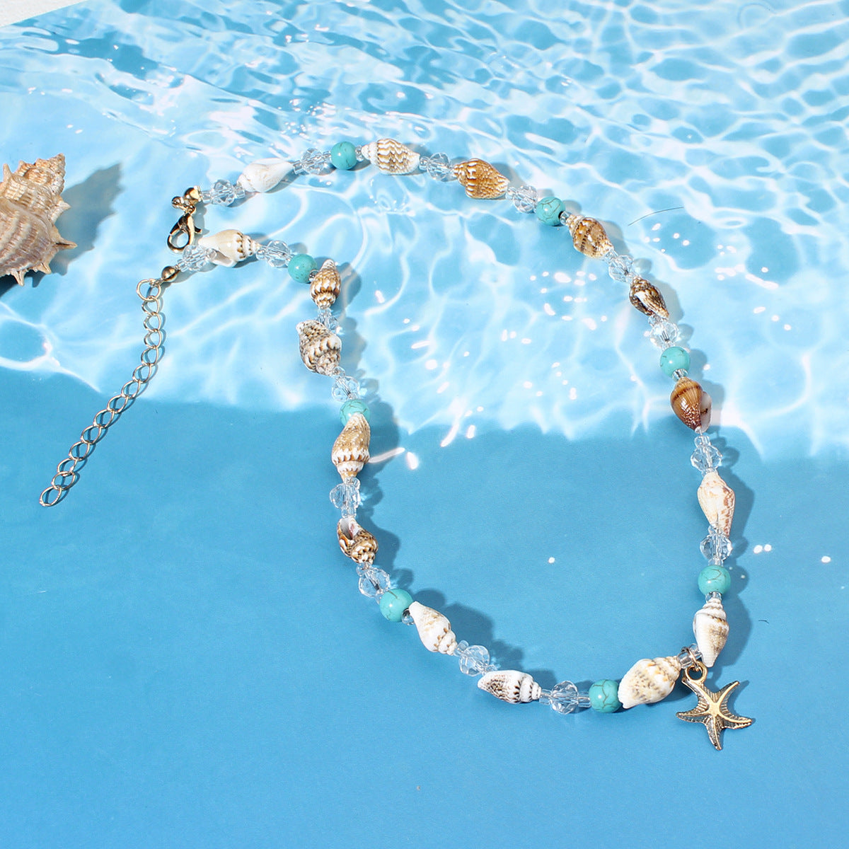 Starfish Conch  Blue Bead  And Seed Bead Necklace & Bracelet Set