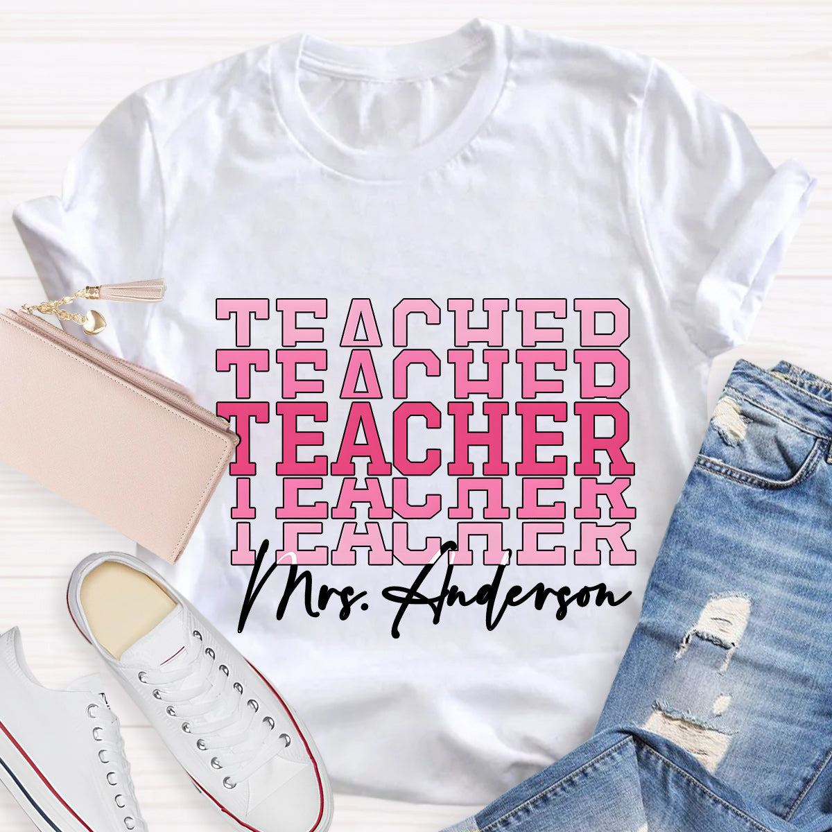 Personalize Name Pink  Teacher T-Shirt