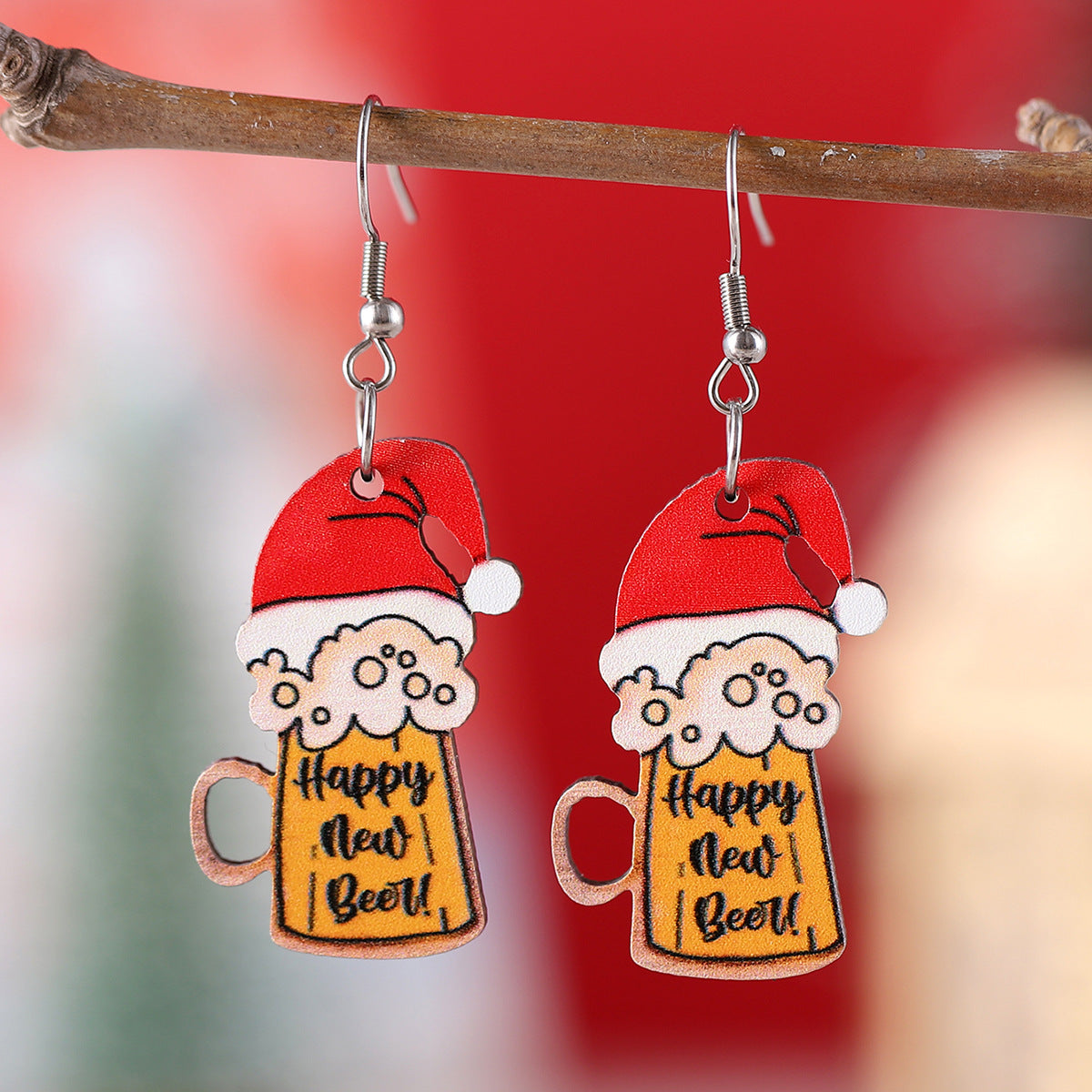 Christmas Hat New Year Beer Mug Pendant Earrings