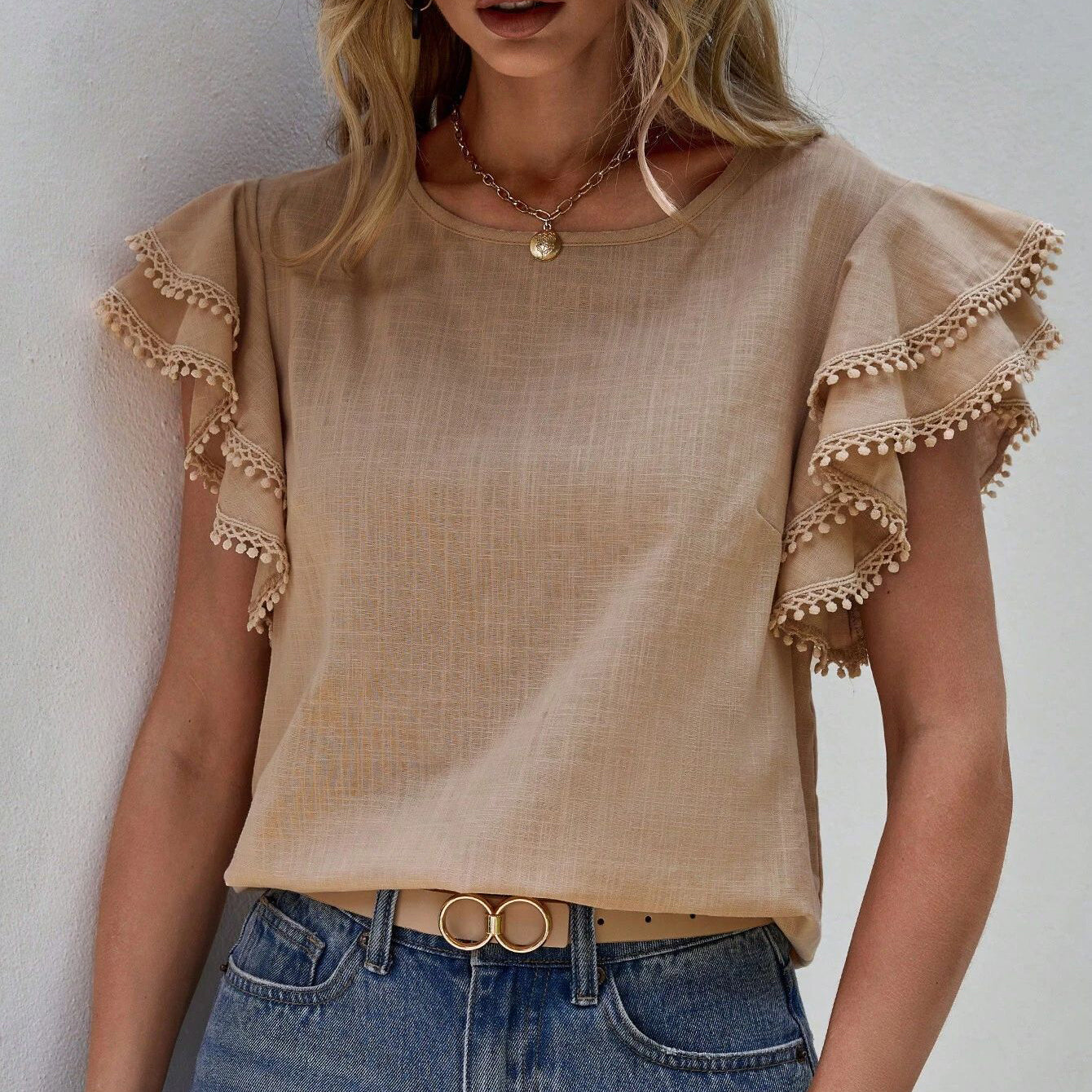 Round Neck Shirt With Ruffles And Batwing Top