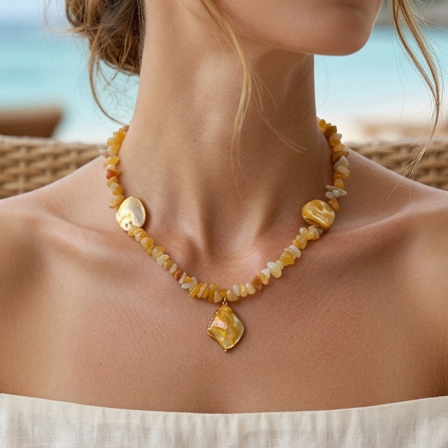 Dopamine-Style Natural Stone Beaded Necklace With Shell Pendant