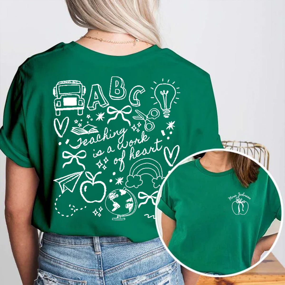 Personalized Grade Teaching Is A Work Of Heart Apple Double Printed T-shirt
