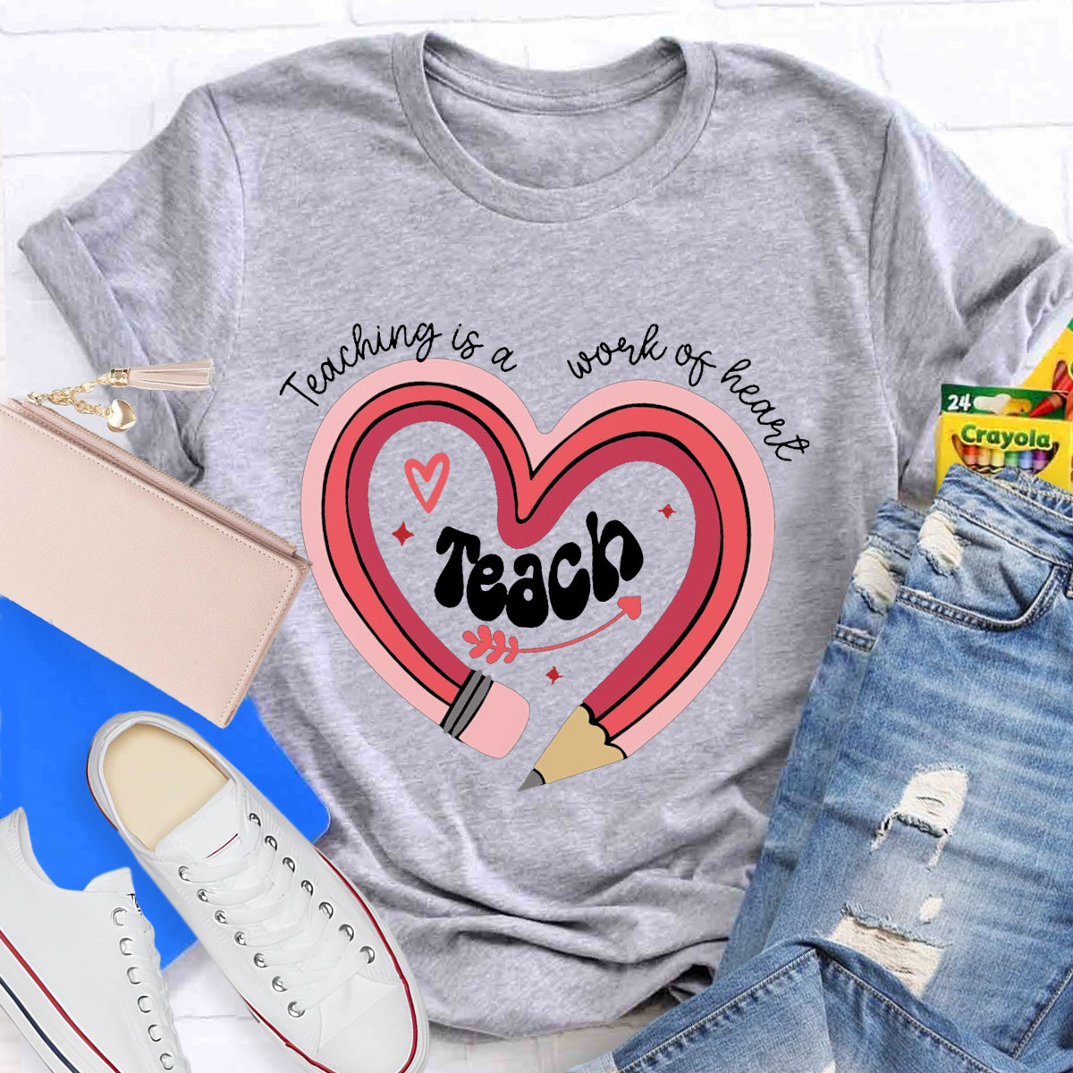 Teaching Is A Work Of Heart Pencil Teacher T-Shirt
