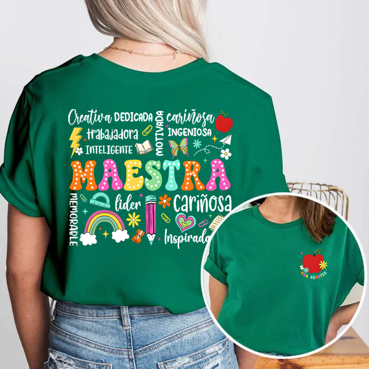 Personalized Name Book And Apple Double Printed T-shirt