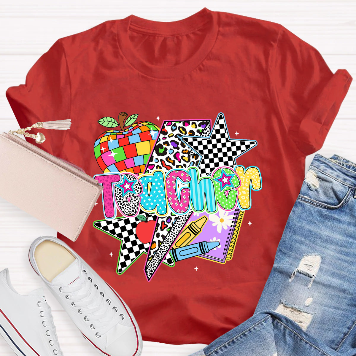 Colorful Leopard Apple Teacher  Back To School T-Shirt