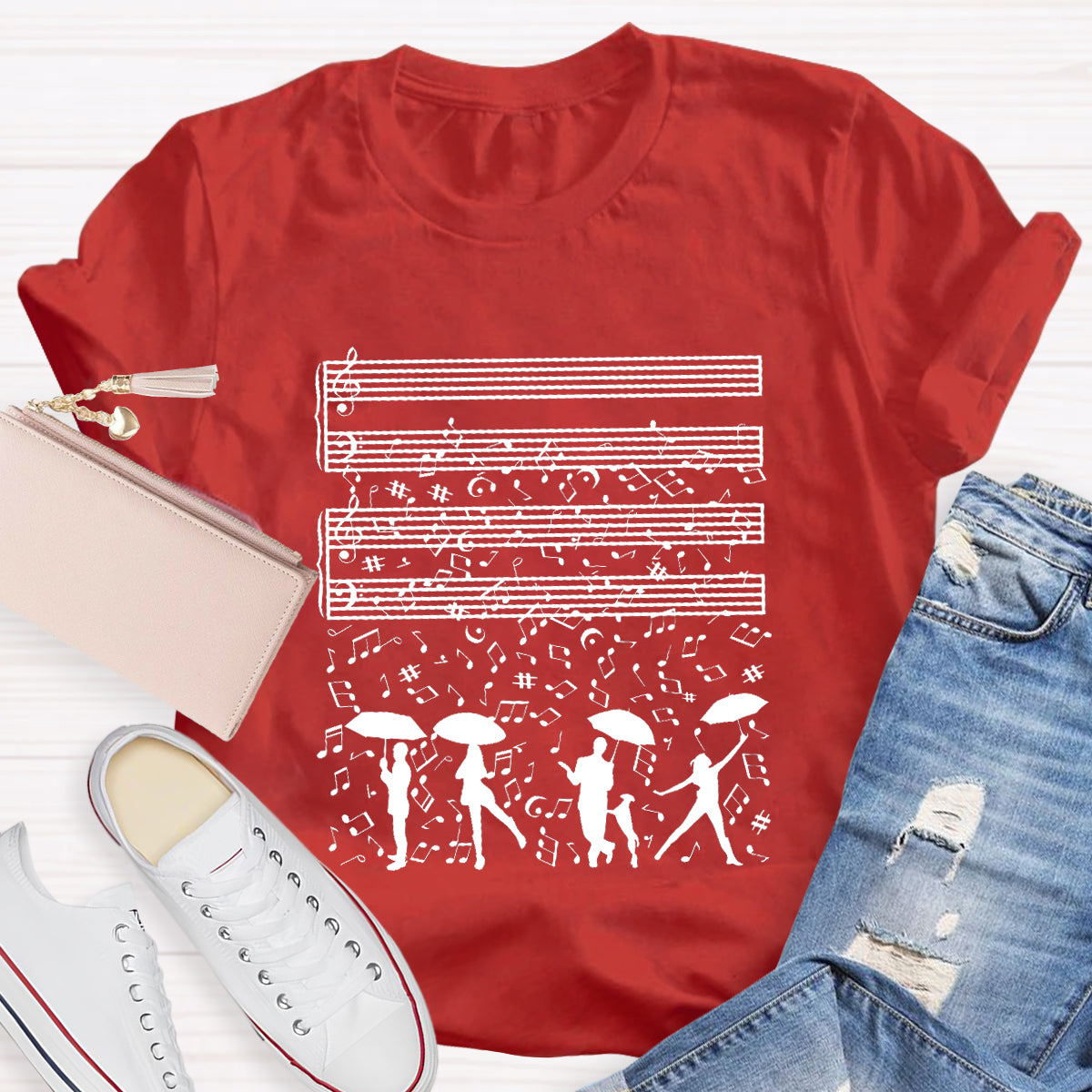 Dancing On The Rainy Night Under The Musical Notes Teacher T-Shirt