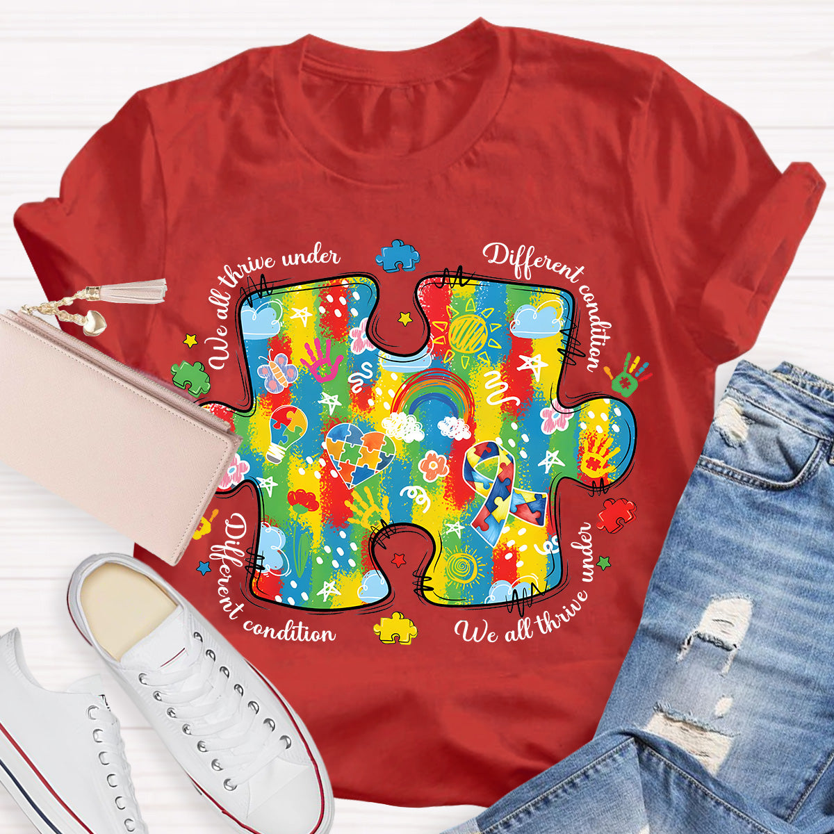 We All Think Under Different Condition Rainbow Puzzle Teacher T-Shirt