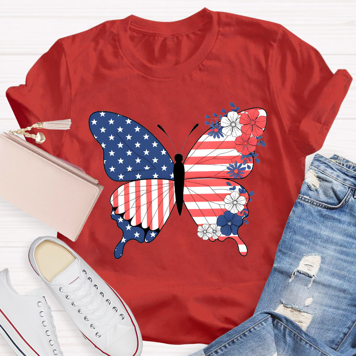 American Flag Butterfly Teacher T-Shirt