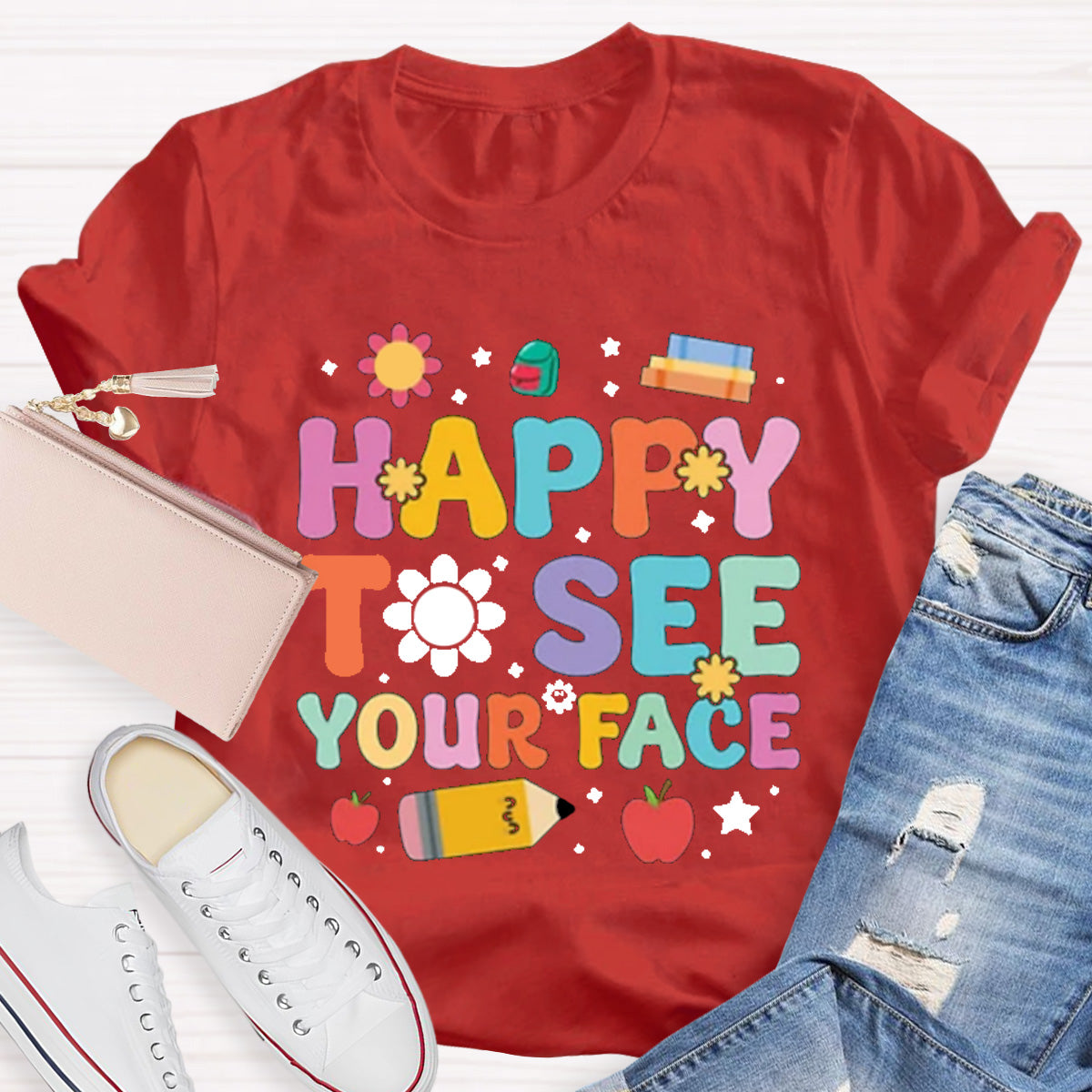 Happy To See Your Face Red Apple Teacher T-Shirt