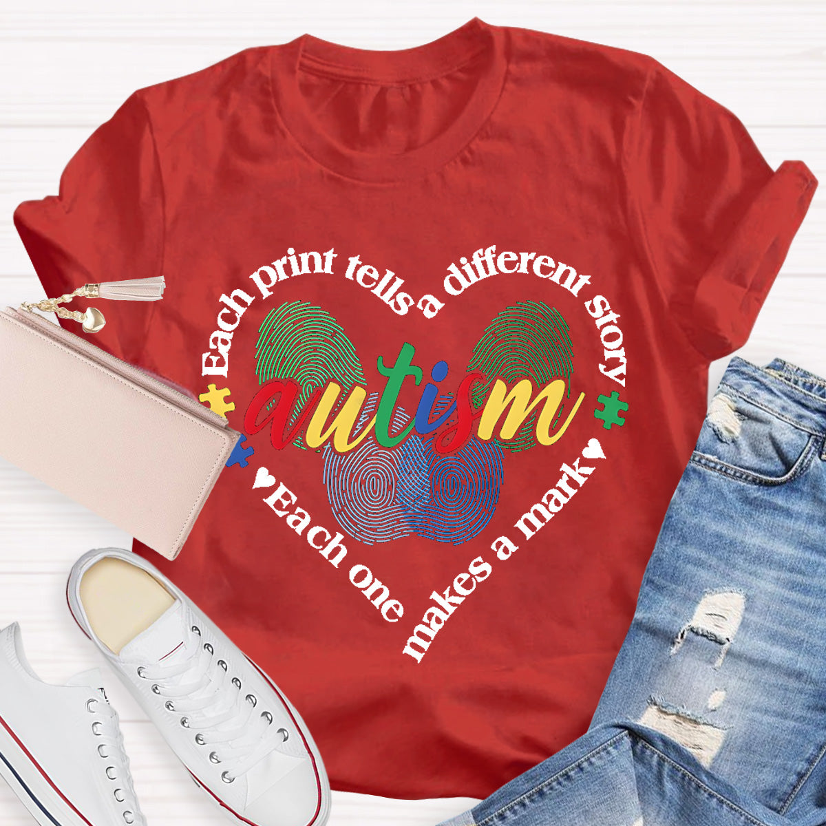 Each Print Tells A Different Story Autism Heart Teacher T-Shirt