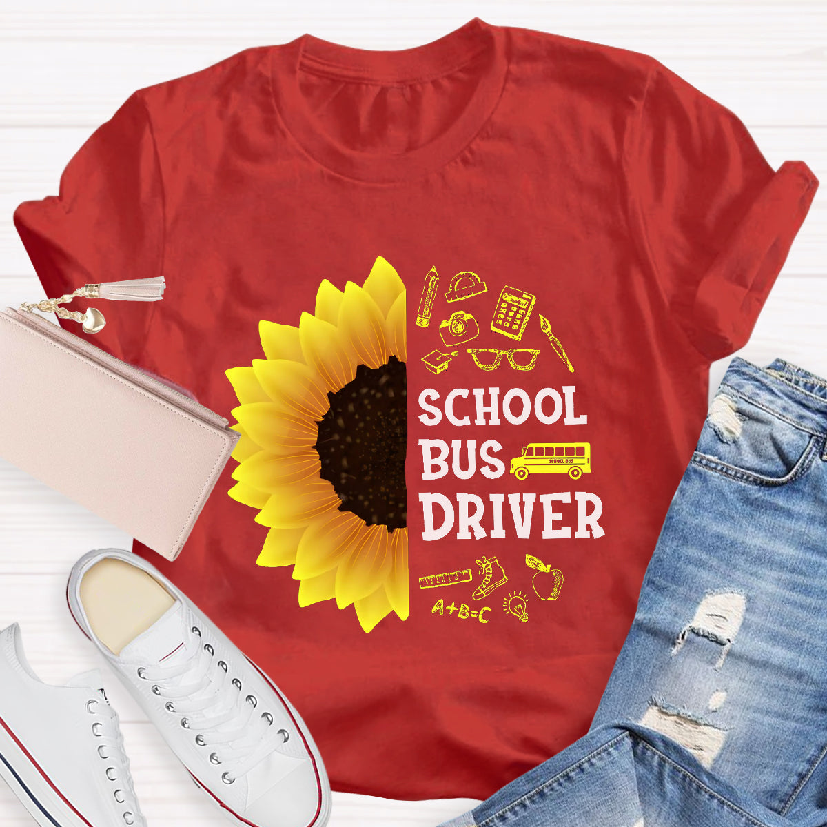 School Bus Driver Sunflower Teacher T-Shirt