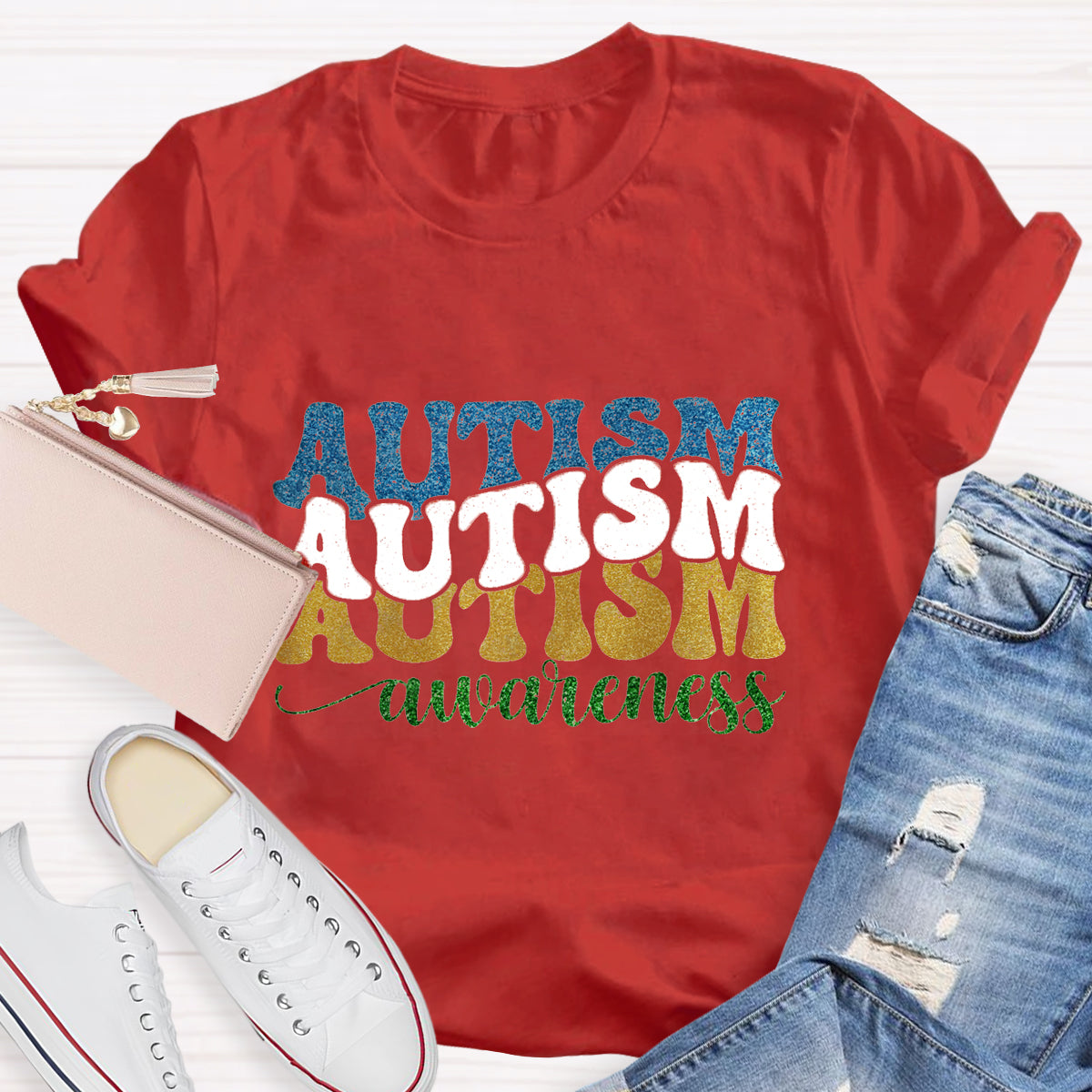 Rainbow Colors Glitter Autism Awareness T-Shirt