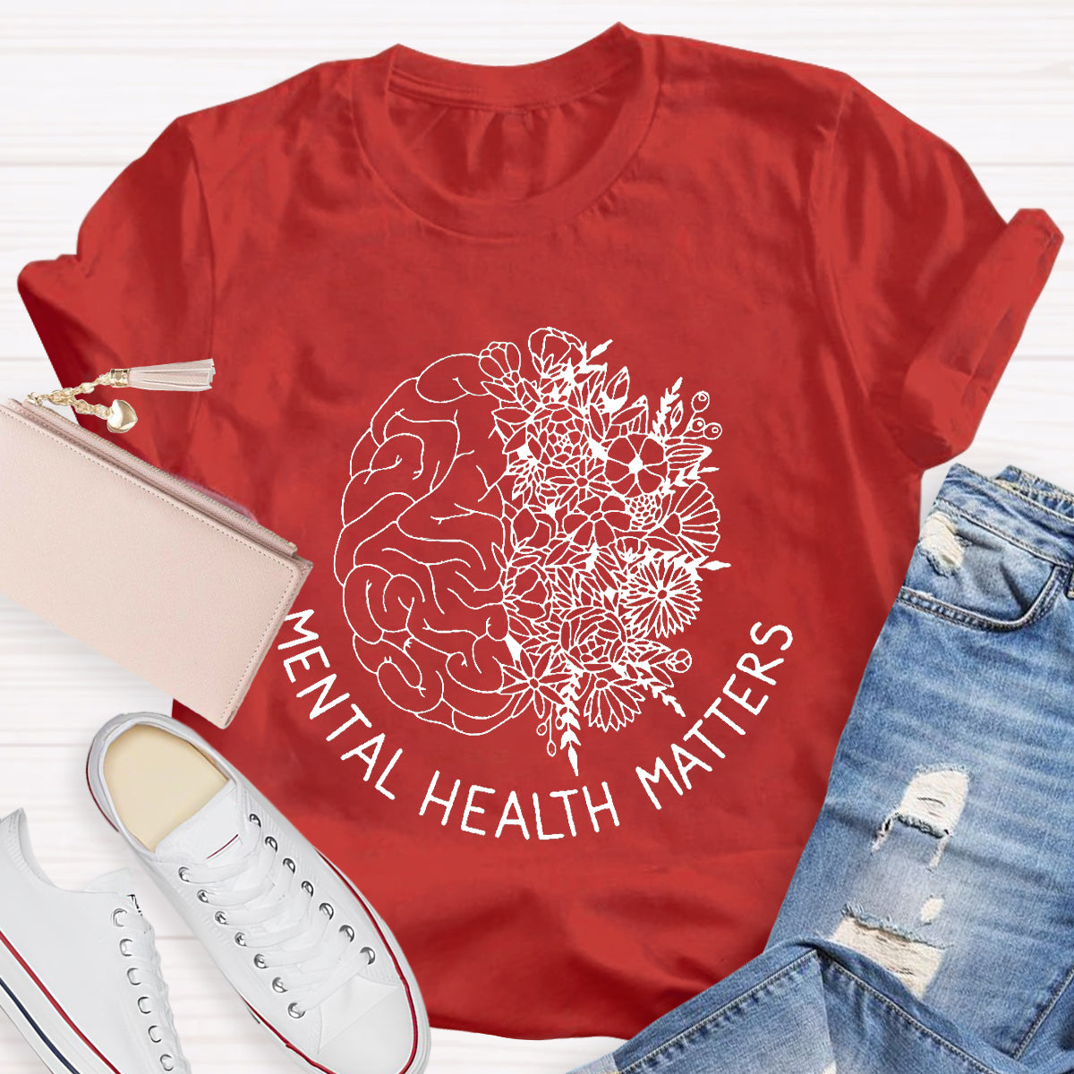 Floral Brain Mental Health Matters Teacher T-Shirt