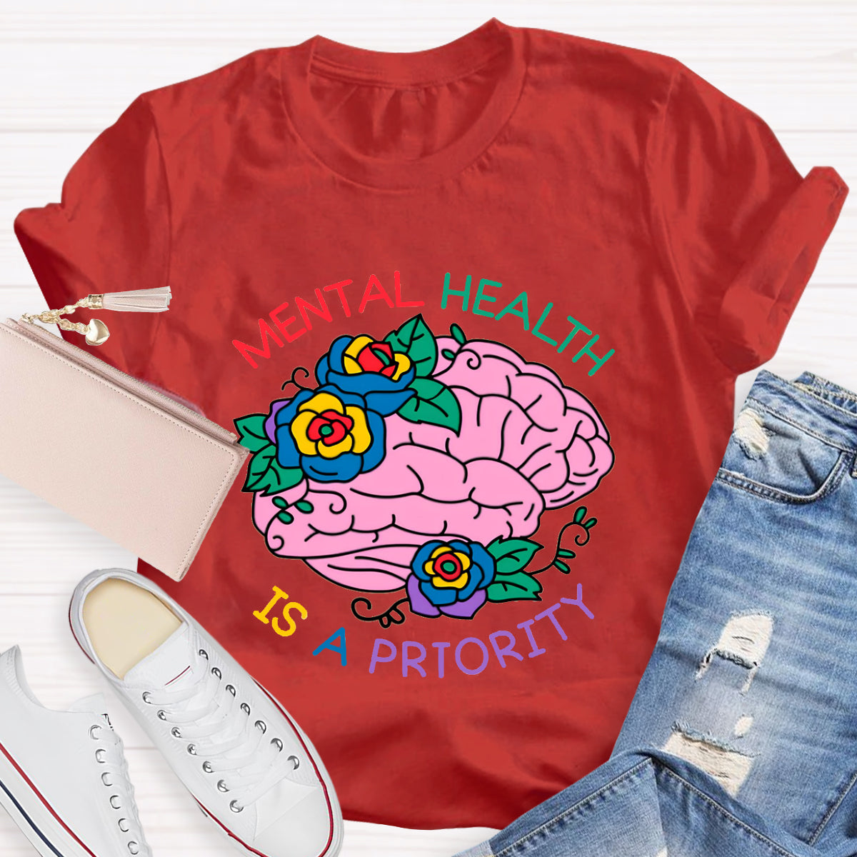 Mental Heath Is A Priority Floral Brain T-Shirt