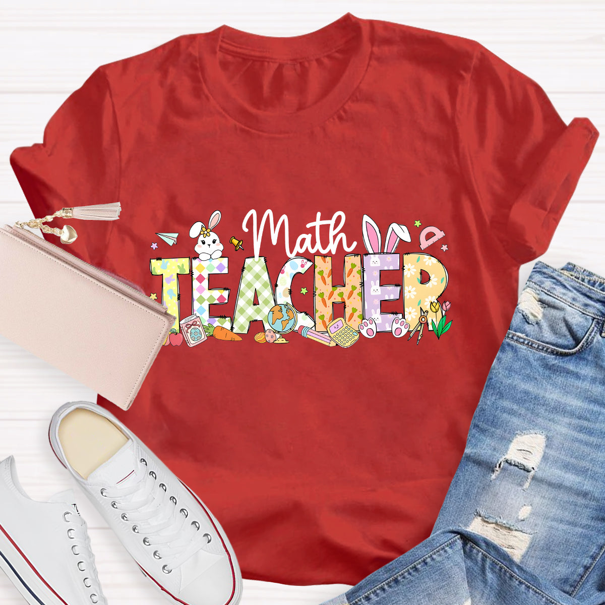 Happy Easter Math Teacher Pink Rabbits Teacher T-Shirt
