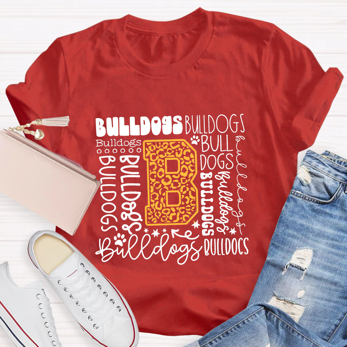 Personalized Mascot Bulldogs Red Printed Teacher T-Shirt