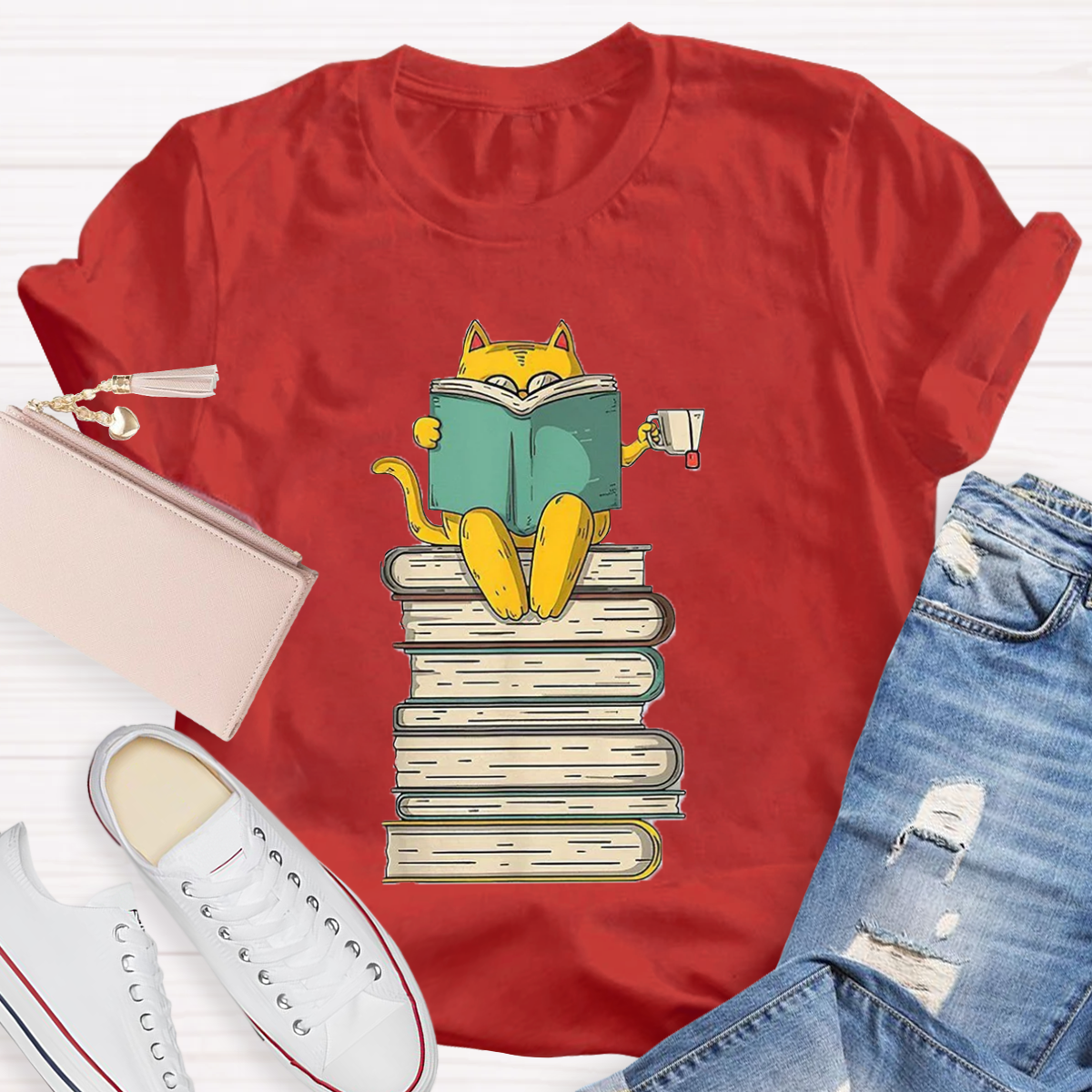 Reading Cat Funny Book & Tea Lover T-Shirt